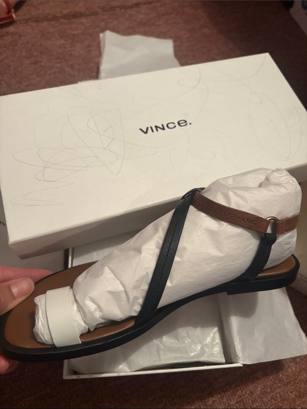 Vince Navy, Brown & White Leather Strappy Flat Sandal